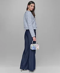 Karl Lagerfeld Paris Womens Tweed Open Front Jacket Sleeveless V Neck Top Wide Leg Sailor Pants