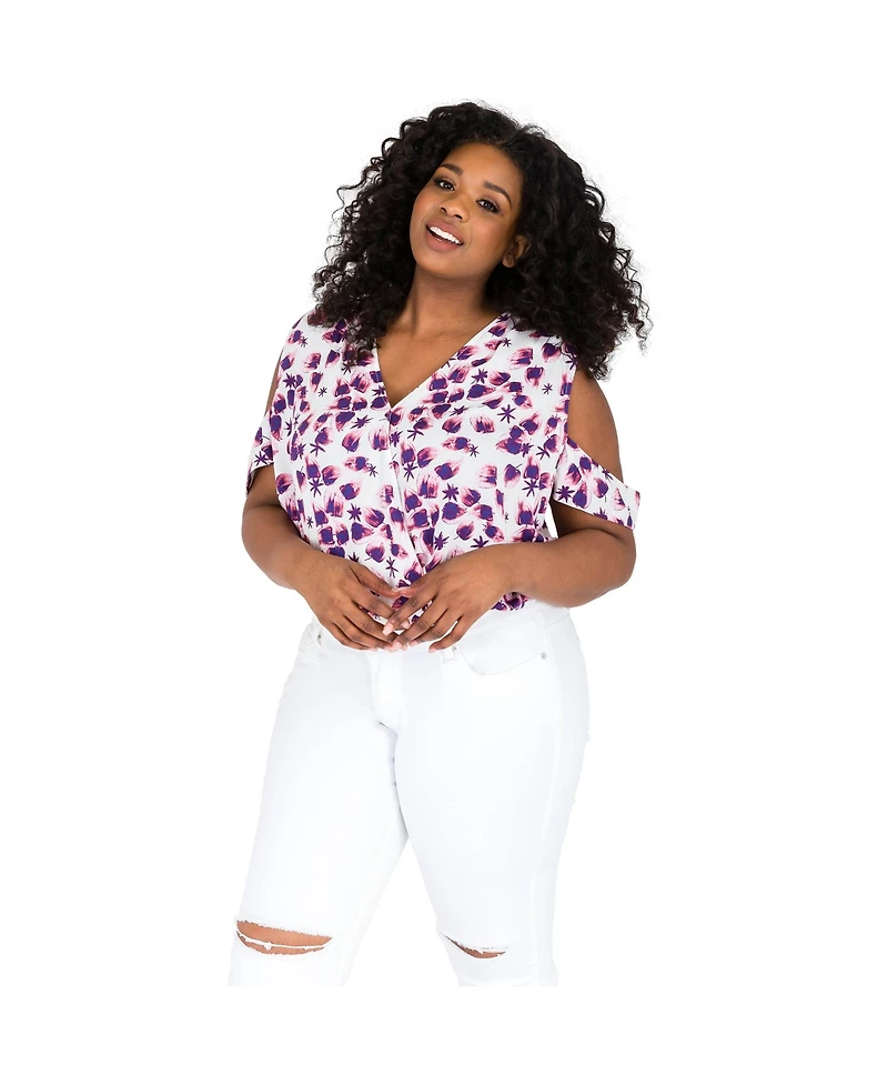 Poetic Justice Plus Leaf Print V-Back Cold Shoulder Cropped Tops