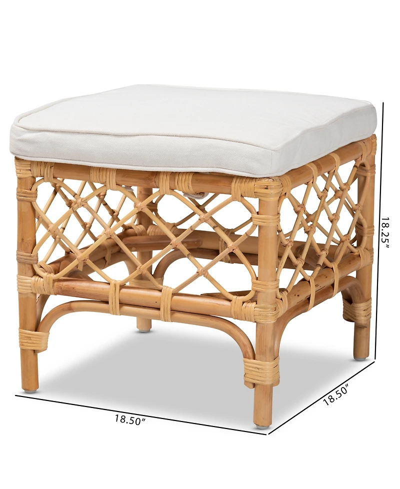 bali & pari 18.5" Upholstered and Natural Rattan Orchard Modern Bohemian Ottoman