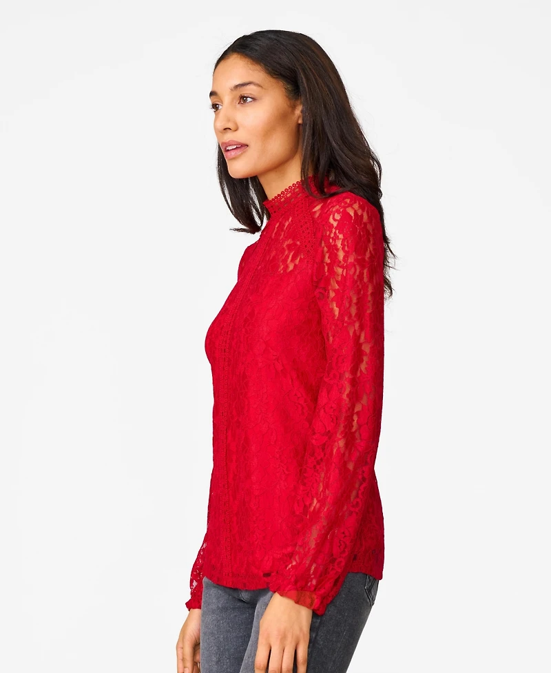 Cable & Gauge Women's Lace Trim Mock Neck Top