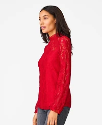 Cable & Gauge Women's Lace Trim Mock Neck Top