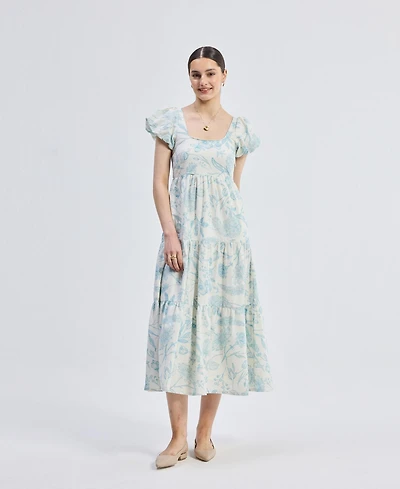Reistor Women's Puff Sleeve Tiered Midi Dress Blue Florals