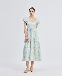 Reistor Women's Puff Sleeve Tiered Midi Dress Blue Florals