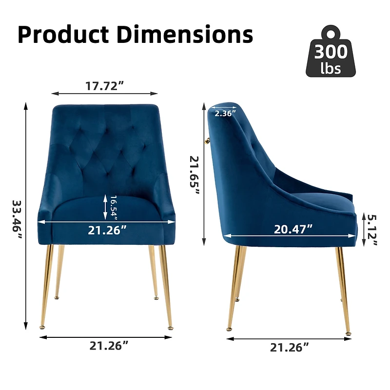 Dyhome Modern Velvet Upholstered Dining Chairs Set of 2, Mid Century Side with 5.12” Cushions and Back Pull Rod for Kitchen, Living Room