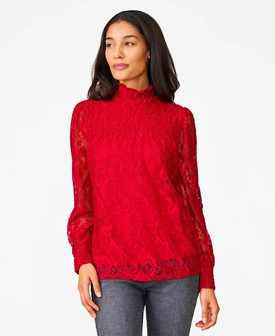 Cable & Gauge Women's Smocked Mock Neck Lace Top