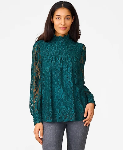Cable & Gauge Women's Smocked Mock Neck Lace Top