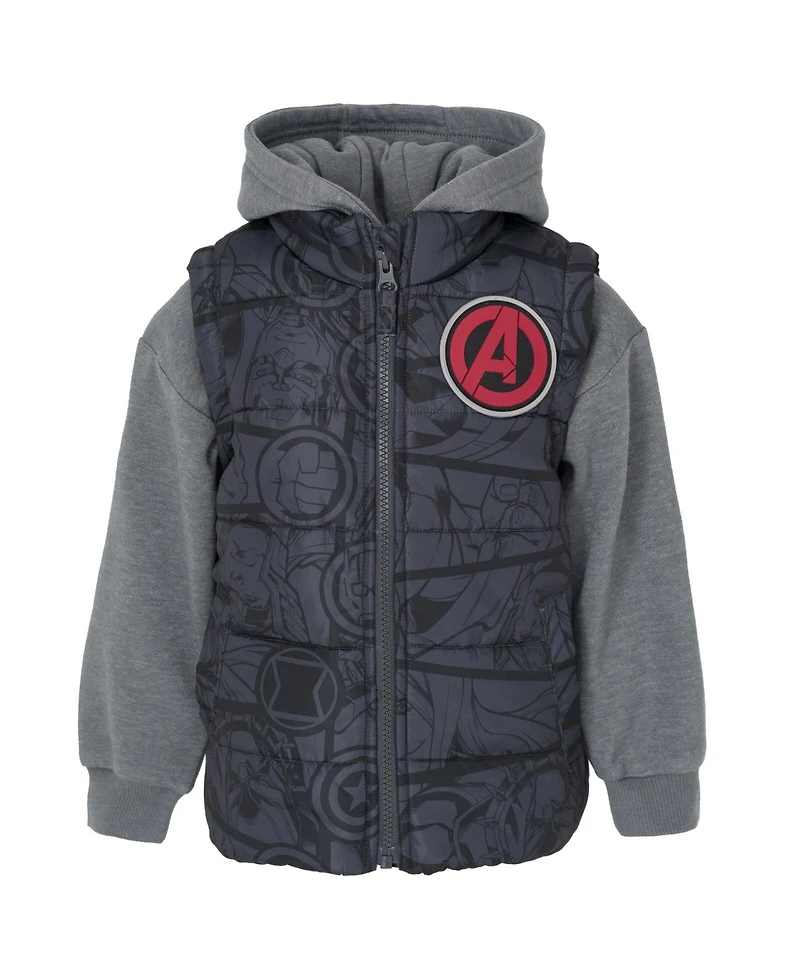 Avengers Boys Marvel Zip Up Vest 2fer Jacket and Pullover Fleece Hoodie