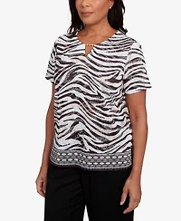 Alfred Dunner Women's Beaded Split Neck Animal Print Top