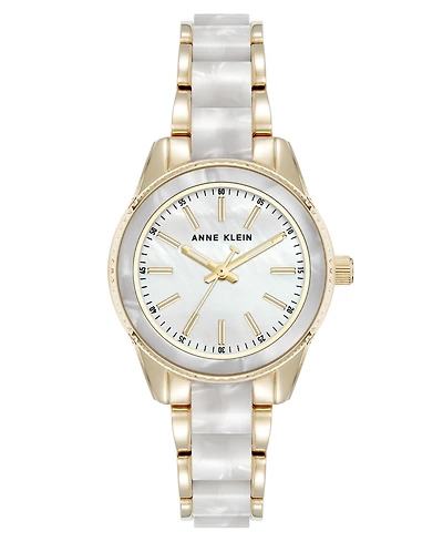 Anne Klein Women's Quartz Ivory Pearlescent Acetate and Gold-Tone Metal Alloy Link Bracelet Watch, 30mm