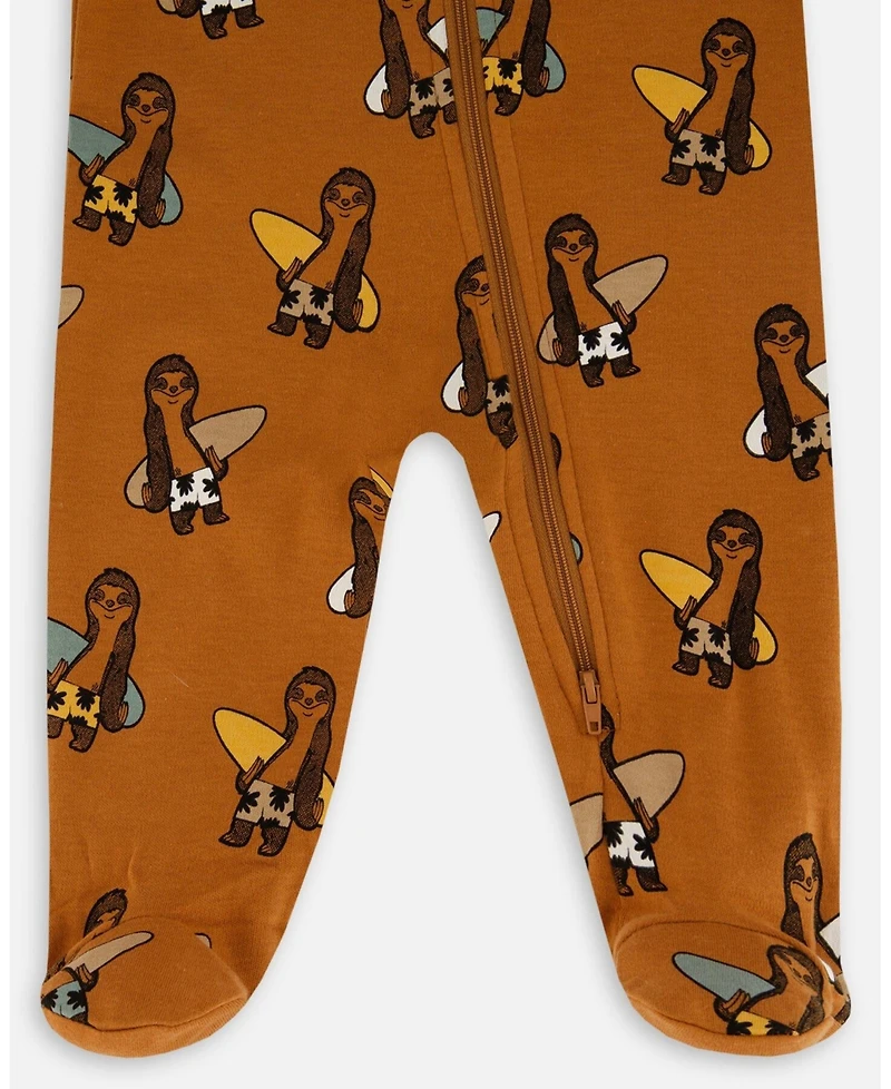 Deux par Deux Baby Boys Printed Cotton One-Piece Pajama Sloths On Tan Background