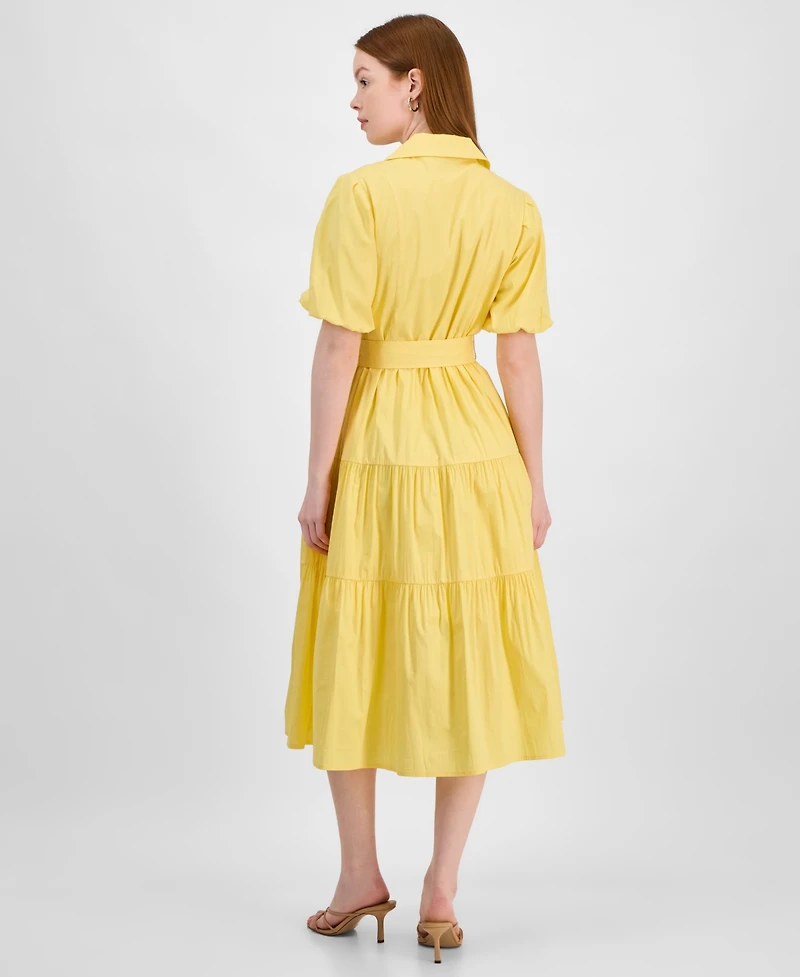 T Tahari Women's Puff-Sleeve Belted Tiered Shirtdress