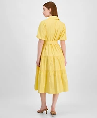 T Tahari Women's Puff-Sleeve Belted Tiered Shirtdress