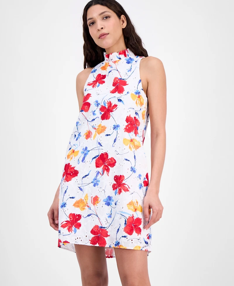 Anne Klein Women's Printed Cotton Eyelet Sleeveless Shift Dress