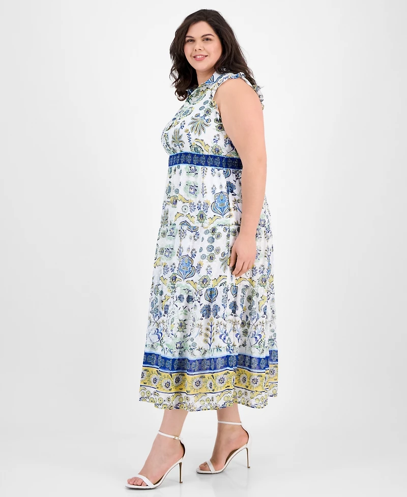 Anne Klein Plus Printed Smocked-Waist Patio Shirtdress