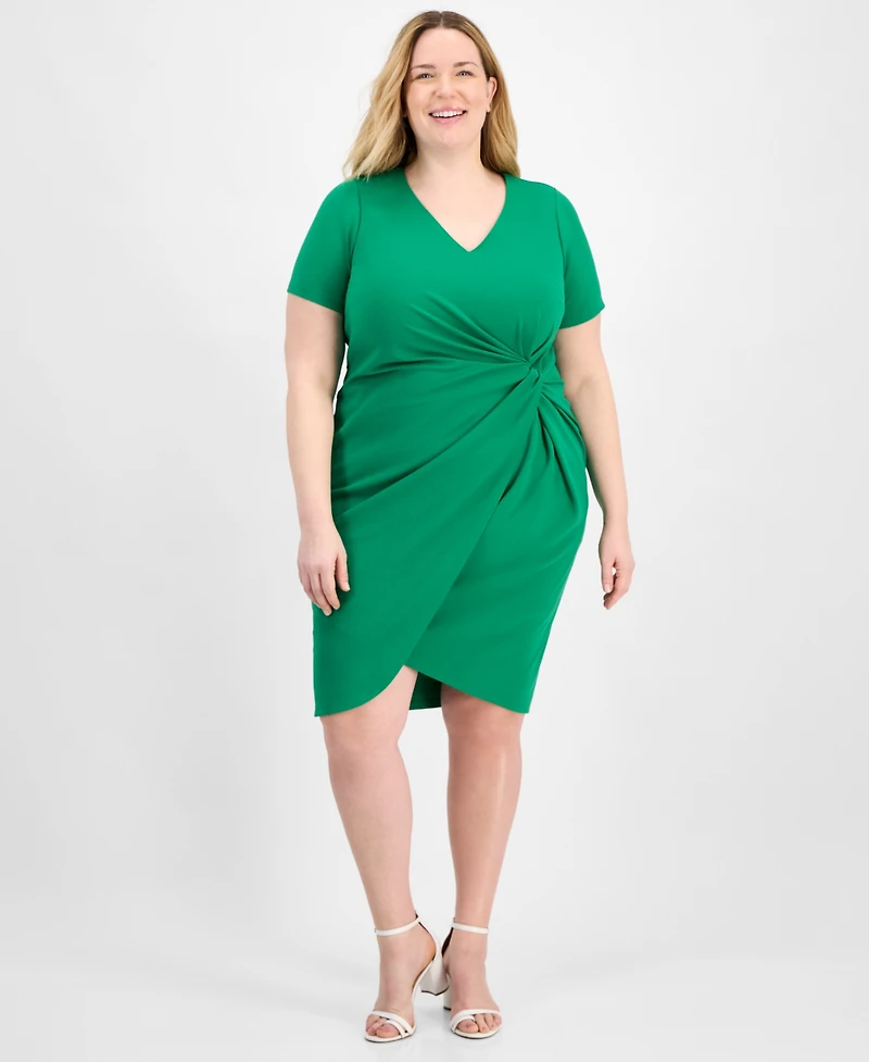 Tahari Plus V-Neck Twist-Detail Short-Sleeve Sheath Dress