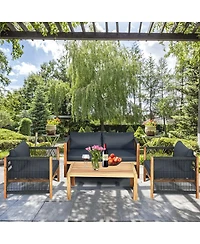 Gymax 4PCS Patio Furniture Set Acacia Wood Outdoor Sofa W/Nylon Rope Armrest Cushions