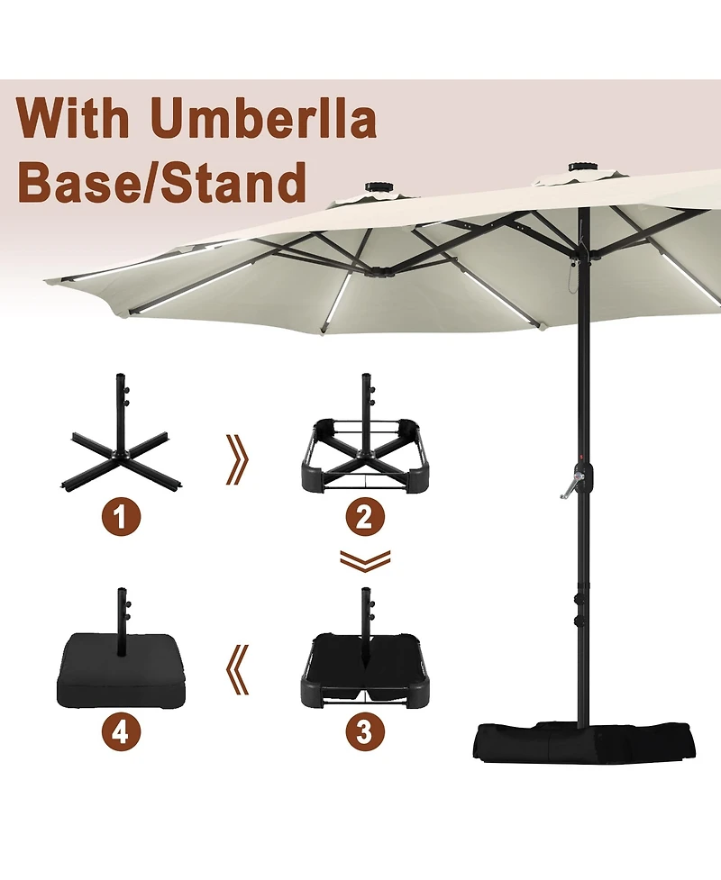 Mondawe 15 ft Solar Led Double Sided Twin Outdoor Patio Market Umbrella with Base Weight Included