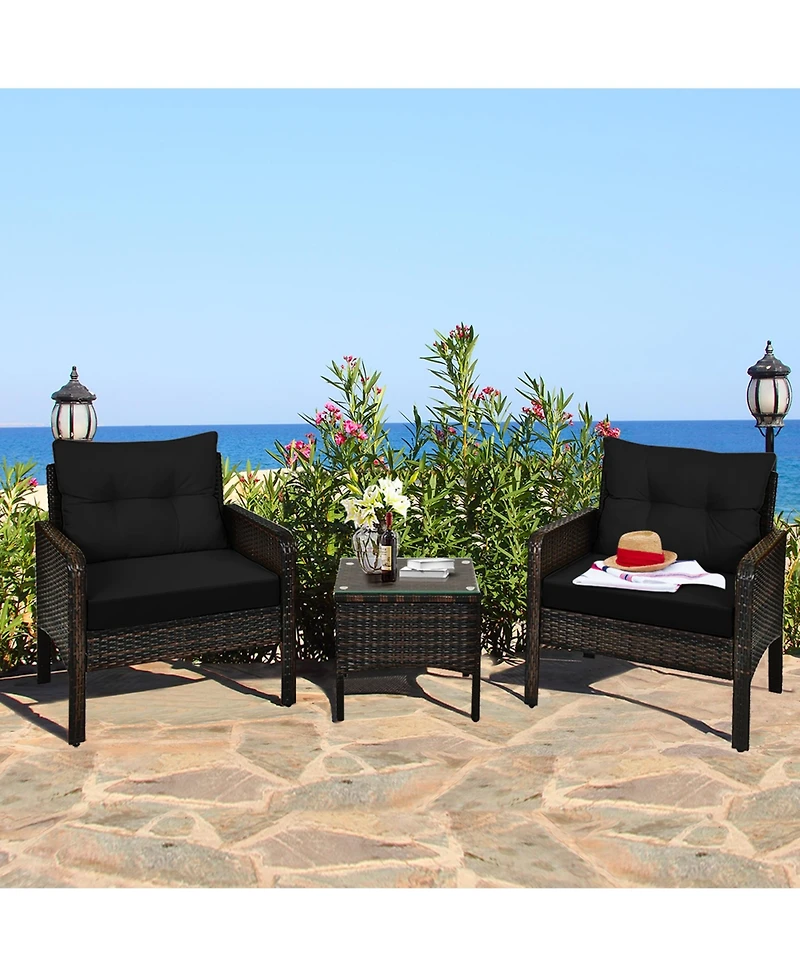 Gymax 3PCS Patio Rattan Conversation Furniture Set Yard Outdoor w/ Cushions Coffee Table