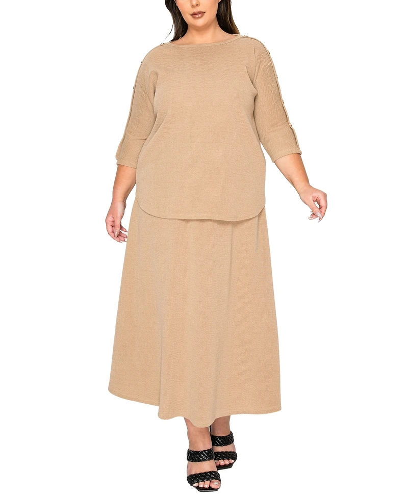 Coin 1804 Plus Size Textured Rib Button Shoulder 3/4 Sleeve Top