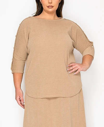 Coin 1804 Plus Size Textured Rib Button Shoulder 3/4 Sleeve Top