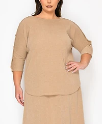 Coin 1804 Plus Size Textured Rib Button Shoulder 3/4 Sleeve Top