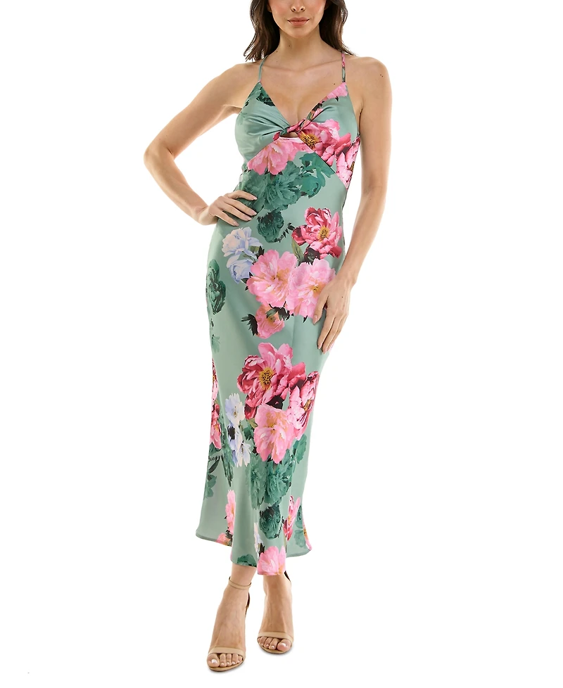 Katia Rae Juniors' Floral Satin Twist-Front Cutout Dress