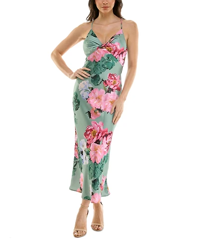Katia Rae Juniors' Floral Satin Twist-Front Cutout Dress