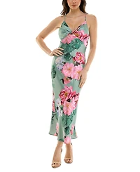 Katia Rae Juniors' Floral Satin Twist-Front Cutout Dress