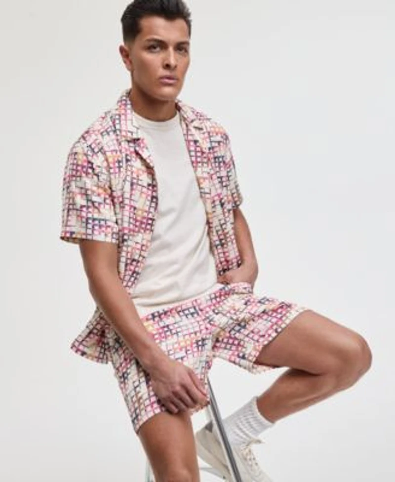 Mode Of One Mens Squared Up Relaxed Fit Geo Print Button Down Shiny Twill Camp Shirt Relaxed Fit Geo Print 6 1 2 Shiny Twill Shorts Exclusively At Macys