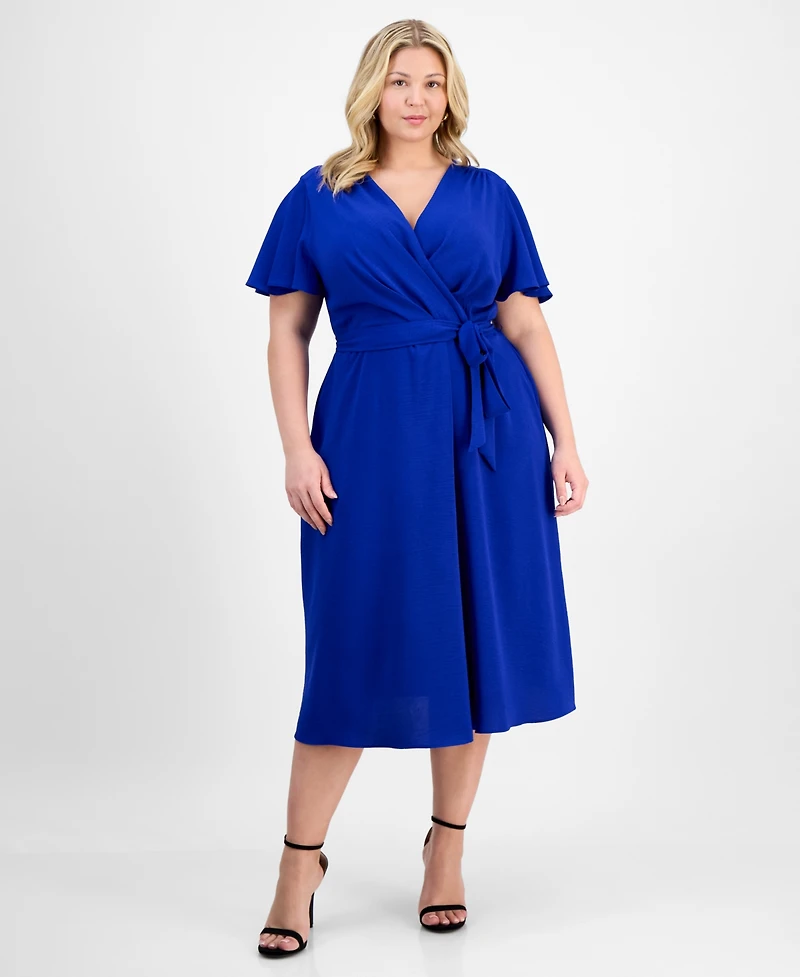 Connected Plus Size Tie-Waist Flutter-Sleeve Midi Dress