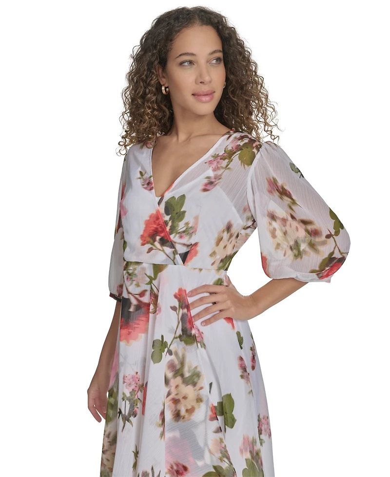Calvin Klein Women's Floral Chiffon 3/4-Sleeve High-Low Dress