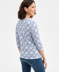Style & Co Women's Printed Cotton 3/4-Sleeve Top, Exclusively at Macy's