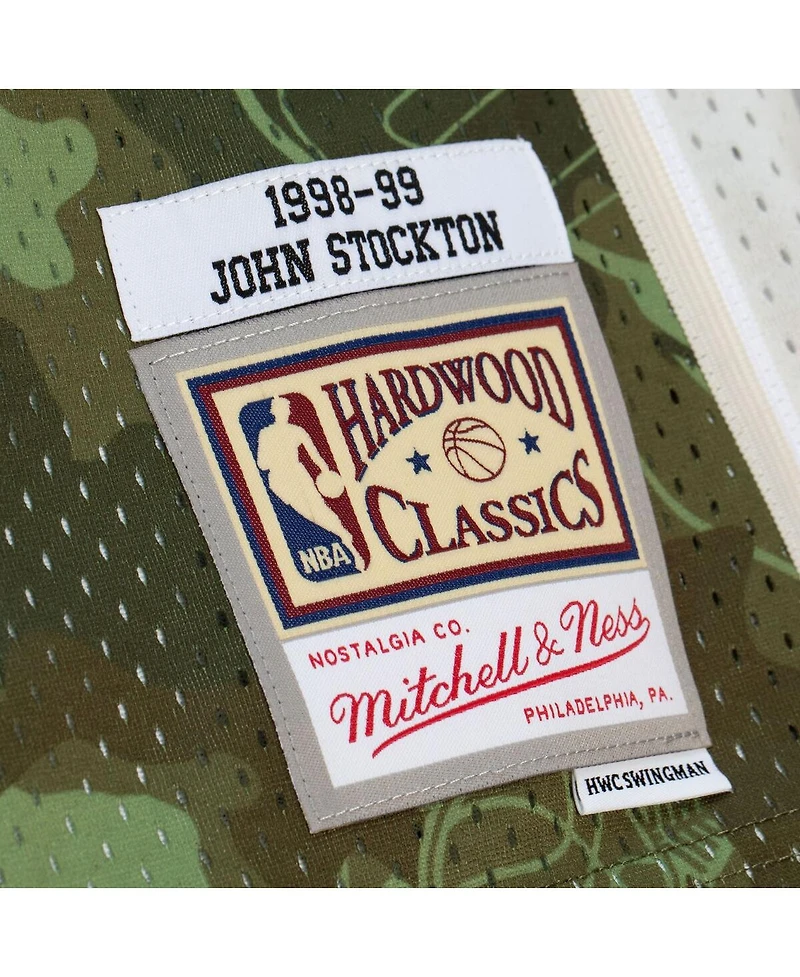 Mitchell & Ness Men's John Stockton Camo Utah Jazz Hardwood Classics 1998/99 Ghost Green Swingman Jersey