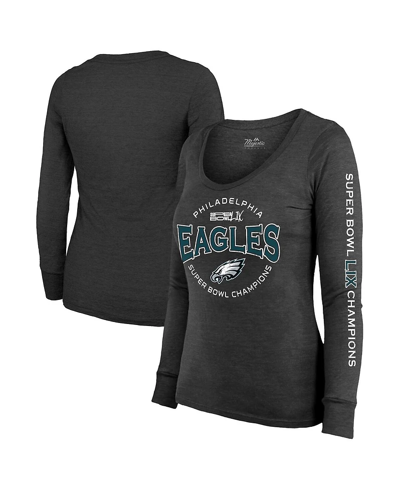 Majestic Women's Black Philadelphia Eagles Super Bowl Lix Champions Highlight Tri-Blend Scoop Neck Long Sleeve T-Shirt