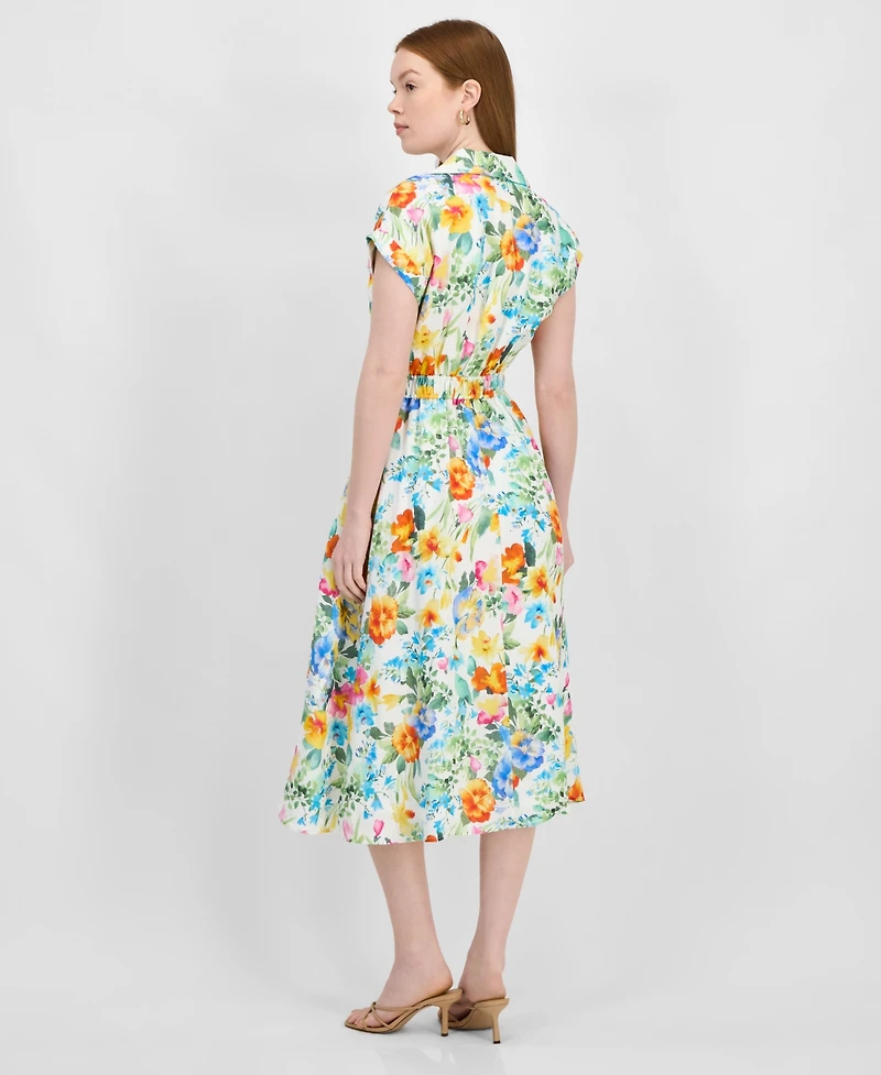 T Tahari Women's Collared V-Neck Cap-Sleeve Midi Dress