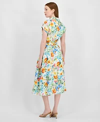 T Tahari Women's Collared V-Neck Cap-Sleeve Midi Dress