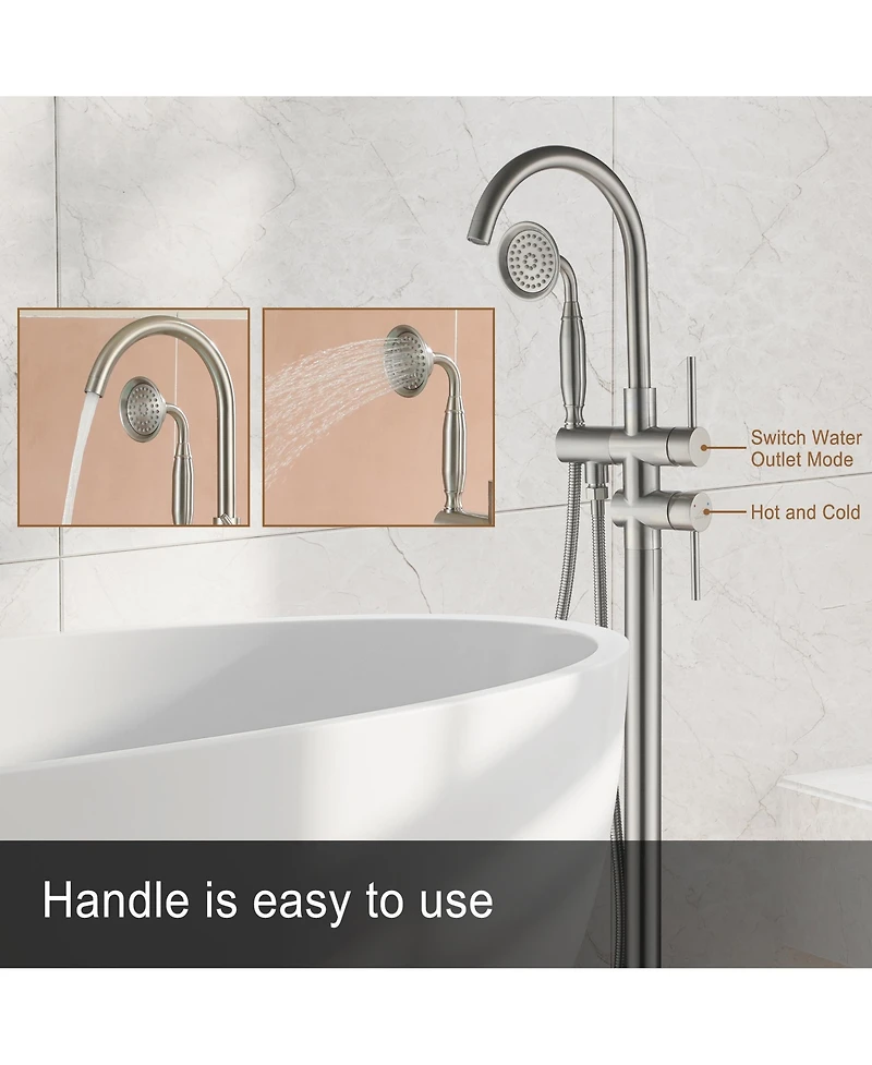 Freestanding Bathtub Faucet Floor Mount Tub Filler Faucet with Handheld Shower Dual Handle Bathtub Faucet Set with Stainless Steel Water Supply Pipe,