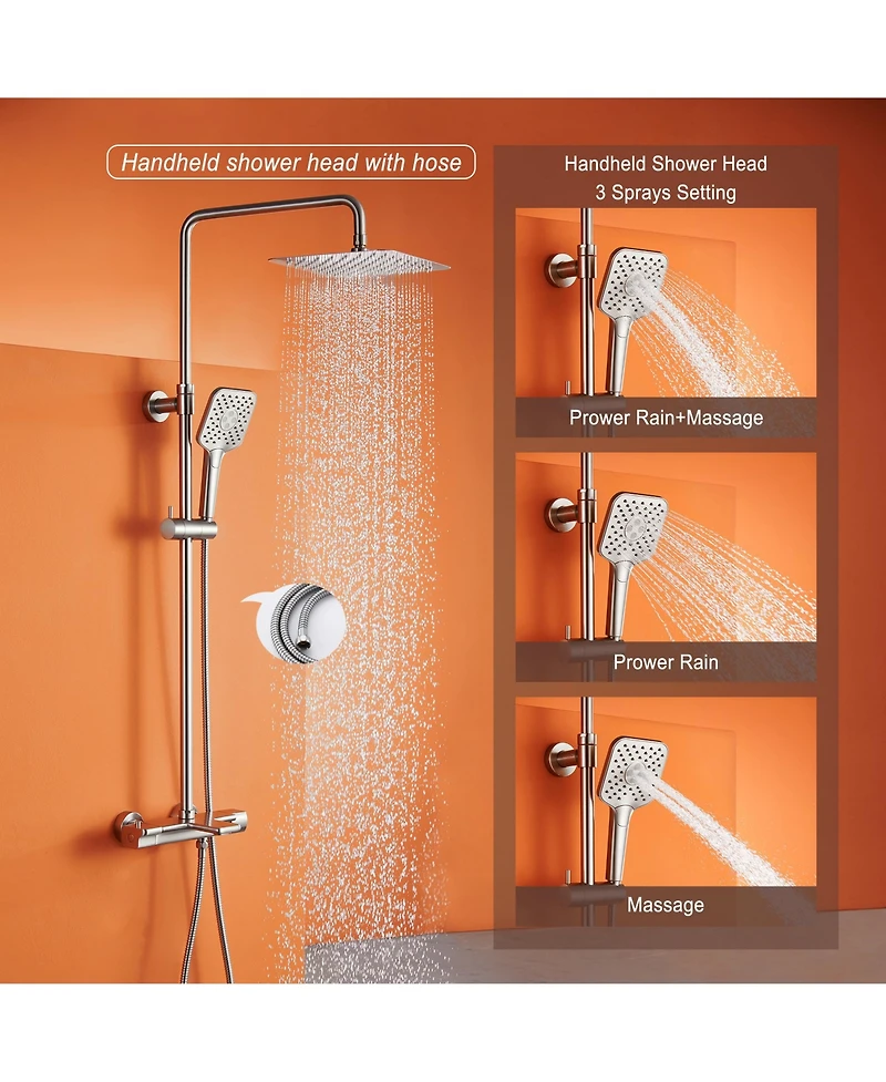 10 Inches Wall Mount Thermostatic Rain Shower System with Handheld and Tub Spout, Brushed Nickel