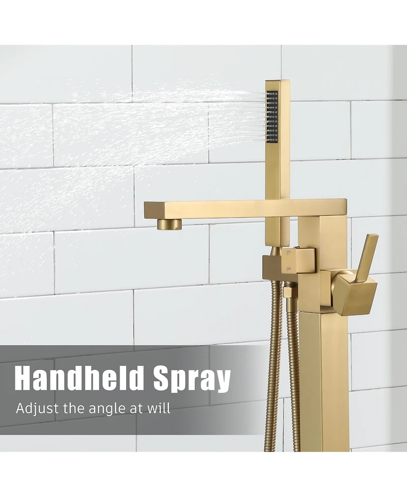Freestanding Bathtub Faucet Tub Filler Free Standing Floor Mount Brass Bathroom Tub Faucets with 2 Function Hand Shower Wand Swivel, Brushed Gold