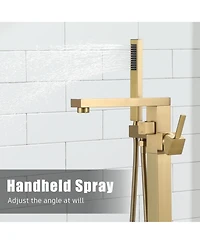 Freestanding Bathtub Faucet Tub Filler Free Standing Floor Mount Brass Bathroom Tub Faucets with 2 Function Hand Shower Wand Swivel, Brushed Gold