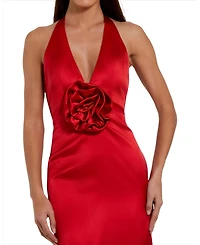 Mac Duggal Women's Fitted Satin Sleeveless Halter Gown With 3D Flower