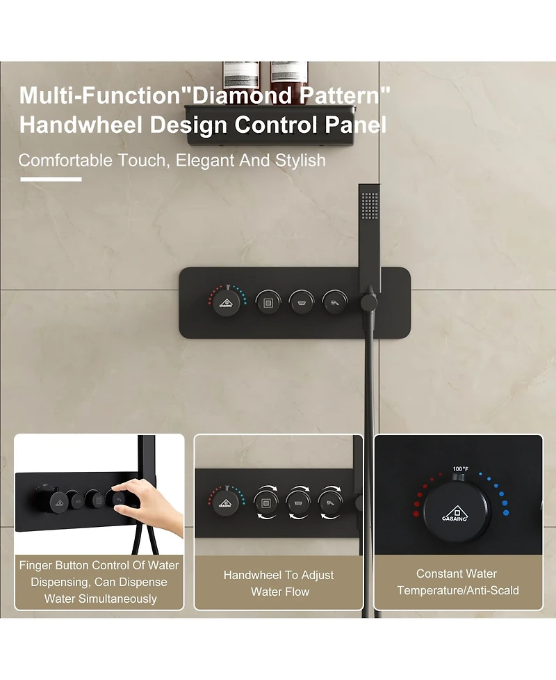 12 Inch Wall Mounted Thermostatic Shower System with Handheld Sprayer Rainfall Shower System with Neck/Back Massage Spout Shampoo Shelf