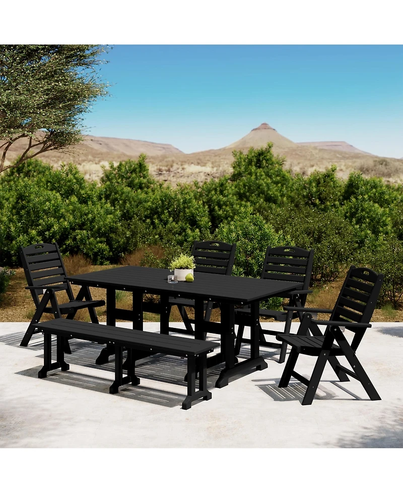 6-Piece Hdpe Rectangular Patio Dining Table Set with Foldable Chairs and Bench