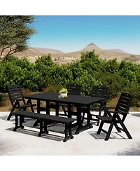 6-Piece Hdpe Rectangular Patio Dining Table Set with Foldable Chairs and Bench