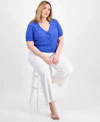 Tahari Asl Plus Short-Sleeve Pointelle Cardigan