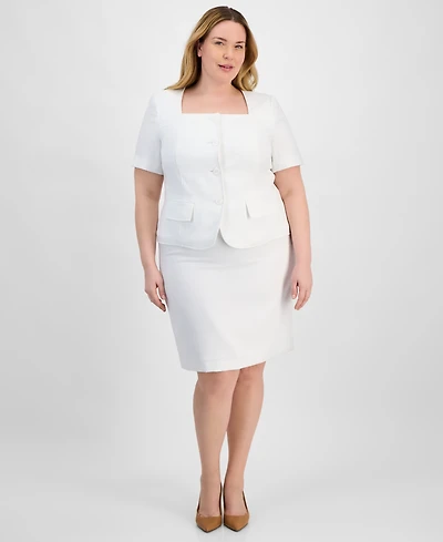 Le Suit Plus Tweed Square-Neck Button-Front Jacket & Slim Skirt