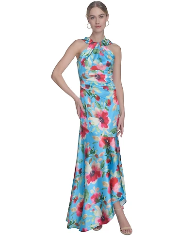 Eliza J Women's Floral-Print Twist-Front Halter Gown