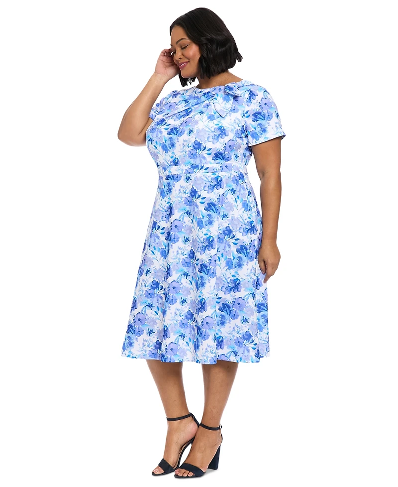London Times Plus Size Floral-Print Bow Fit & Flare Dress