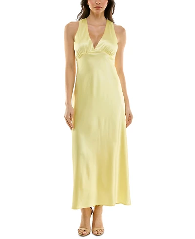 Emerald Sundae Juniors' V-Neck A-Line Satin Midi Dress