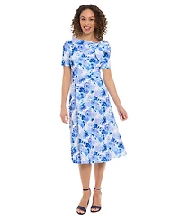 London Times Petite Floral-Print Bow-Neck Midi Dress
